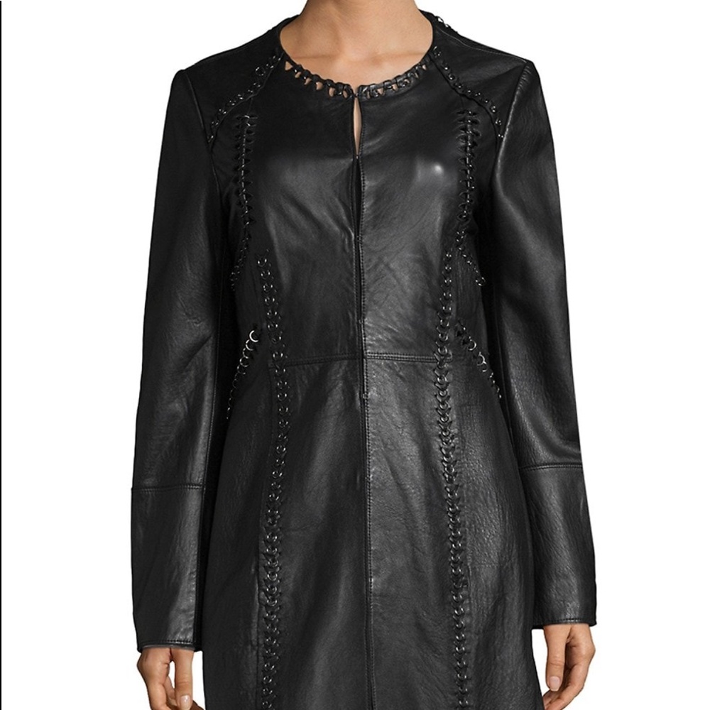 👽 Tahari 👽Veeda Stitch Embellished Leather Coat - Picture 7 of 9